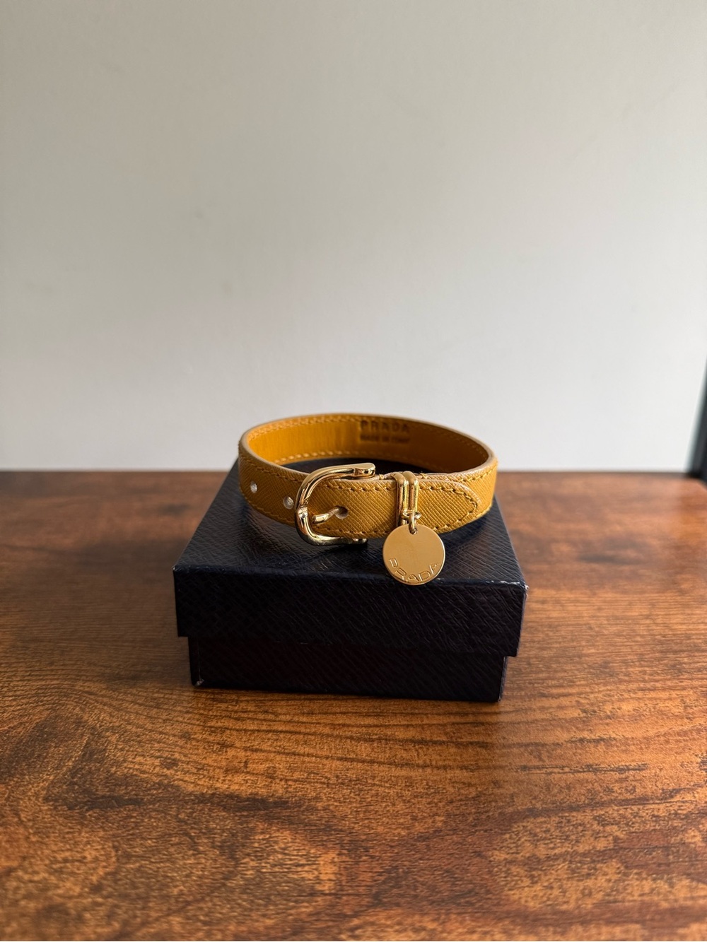 Prada Mustard Yellow Leather Bracelet with Gold Charm